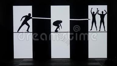 影子之舞。 舞者在舞台上跳舞。 舞者的轮廓。 跳舞的影子。 3D舞展
